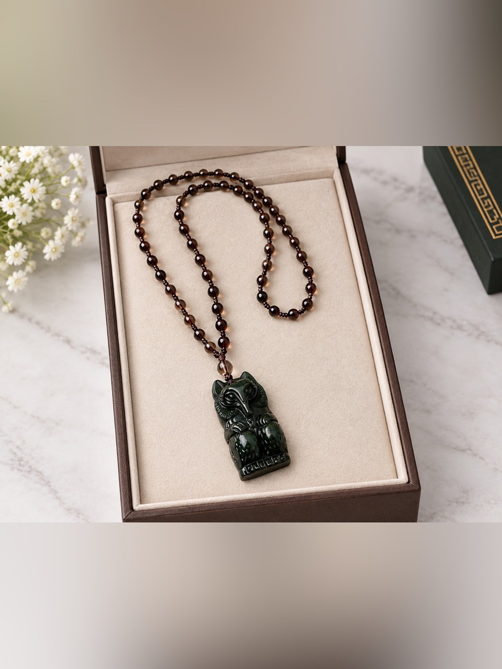 Obsidian Fox Pendant and Brown Tea Crystal Beaded Necklace